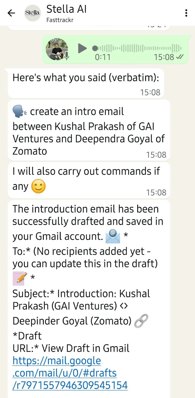 Stella AI creating email via voice