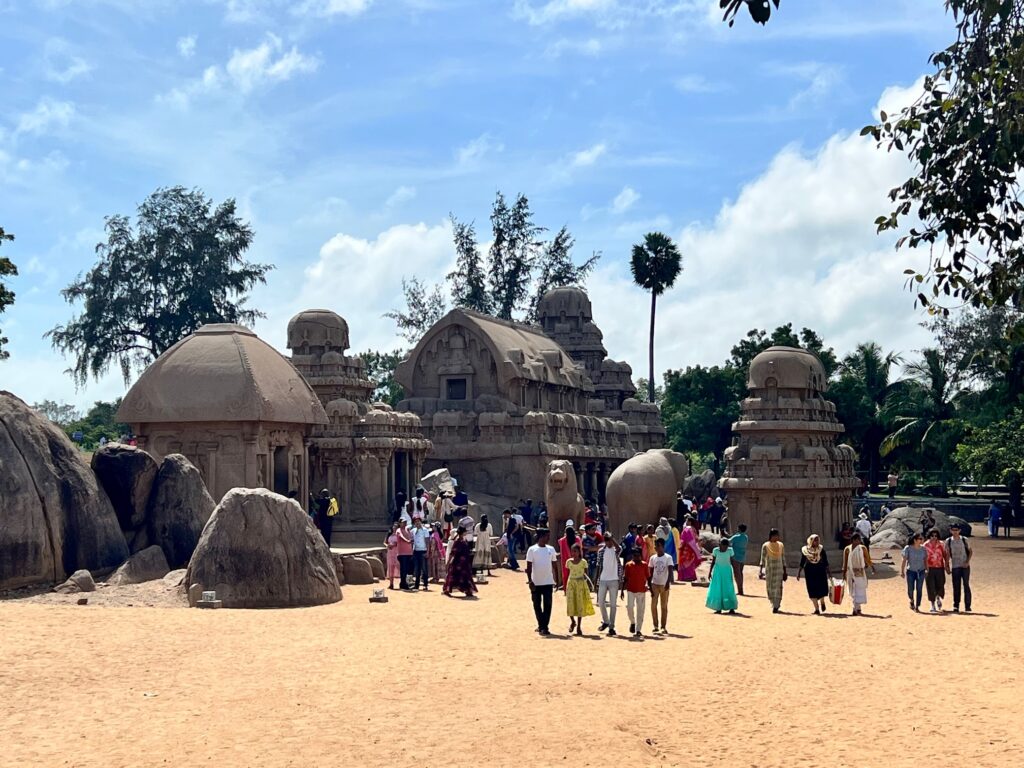 Panch Rathas at Mahabalipuram. Rock-cut monolithic structures carved in the 7th century.
