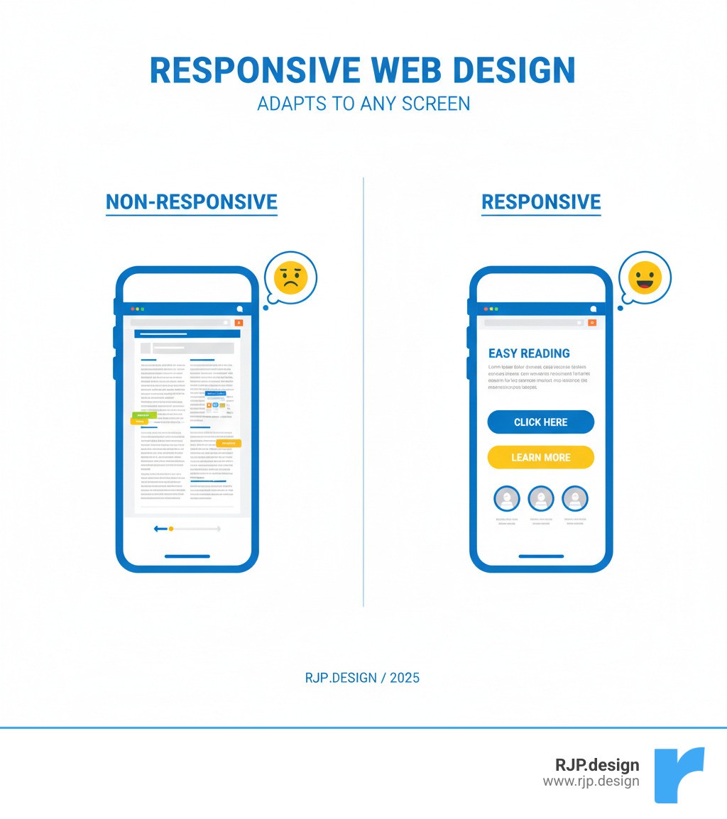 Infographic comparing a non-responsive website (showing a desktop layout squeezed onto a mobile screen with tiny text and horizontal scrolling) versus a responsive website (showing content that automatically reflows into a single column with readable text and properly sized buttons on mobile) - css responsive media infographic 