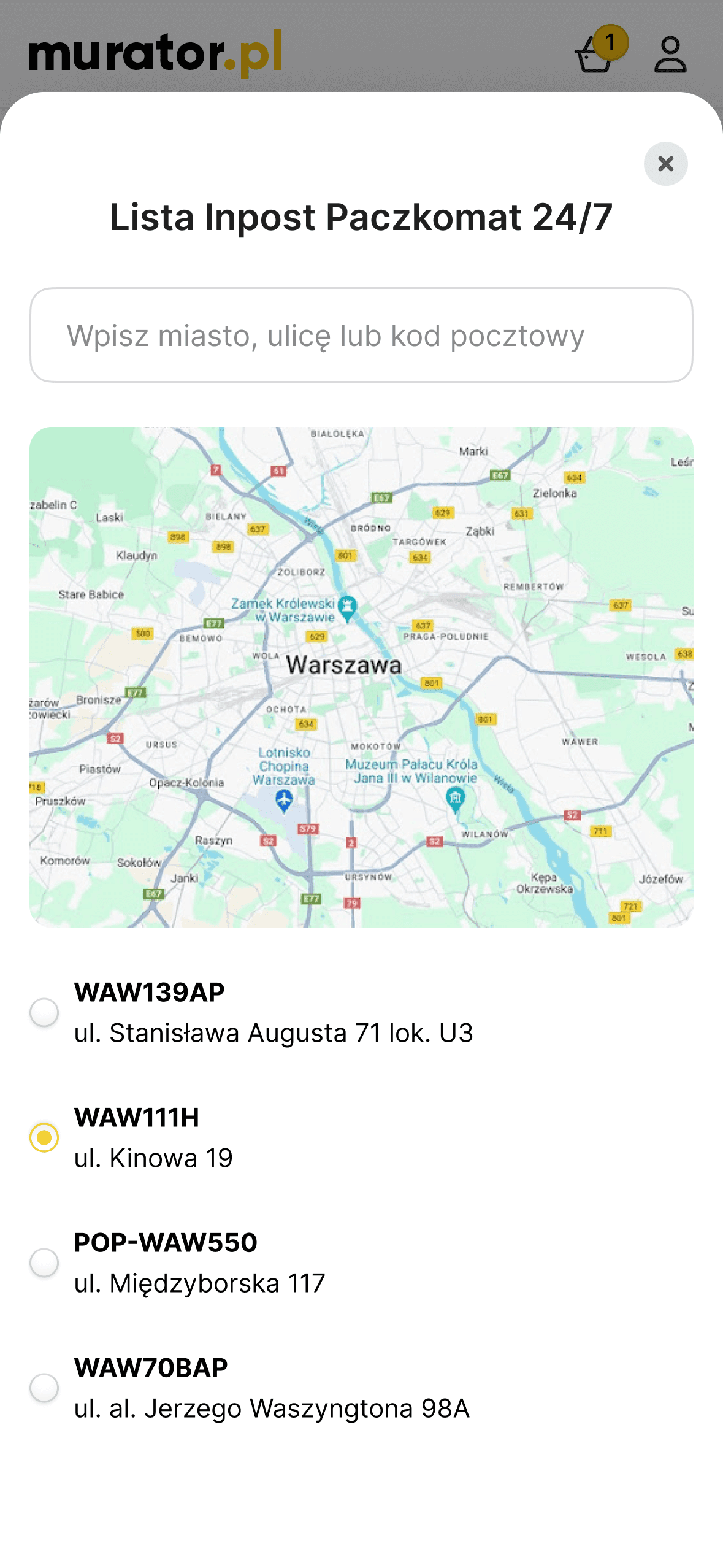 Mobile modal for Murator featuring an interactive InPost Parcel Locker selection tool, including a search bar for city or zip code, an integrated map of Warsaw, and a list of available locker locations with specific addresses.