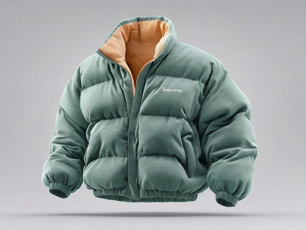 Teal green Supreme puffer jacket with subtle grid texture and contrasting tan inner lining.