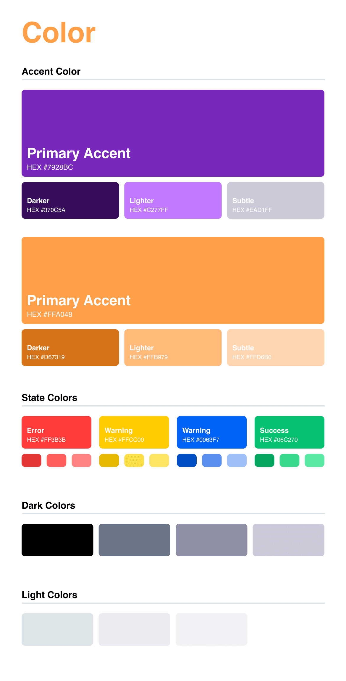 Colour system: primary accent purple and orange, state colours, dark and light ramps