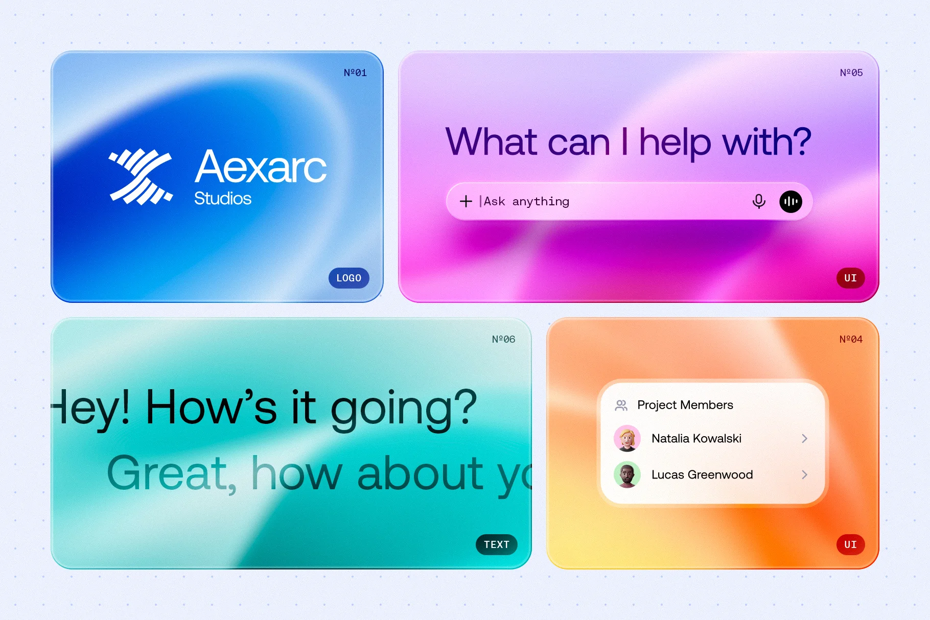 Waveblur gradients applied to UI cards, branding layouts and modern digital interface concepts.
