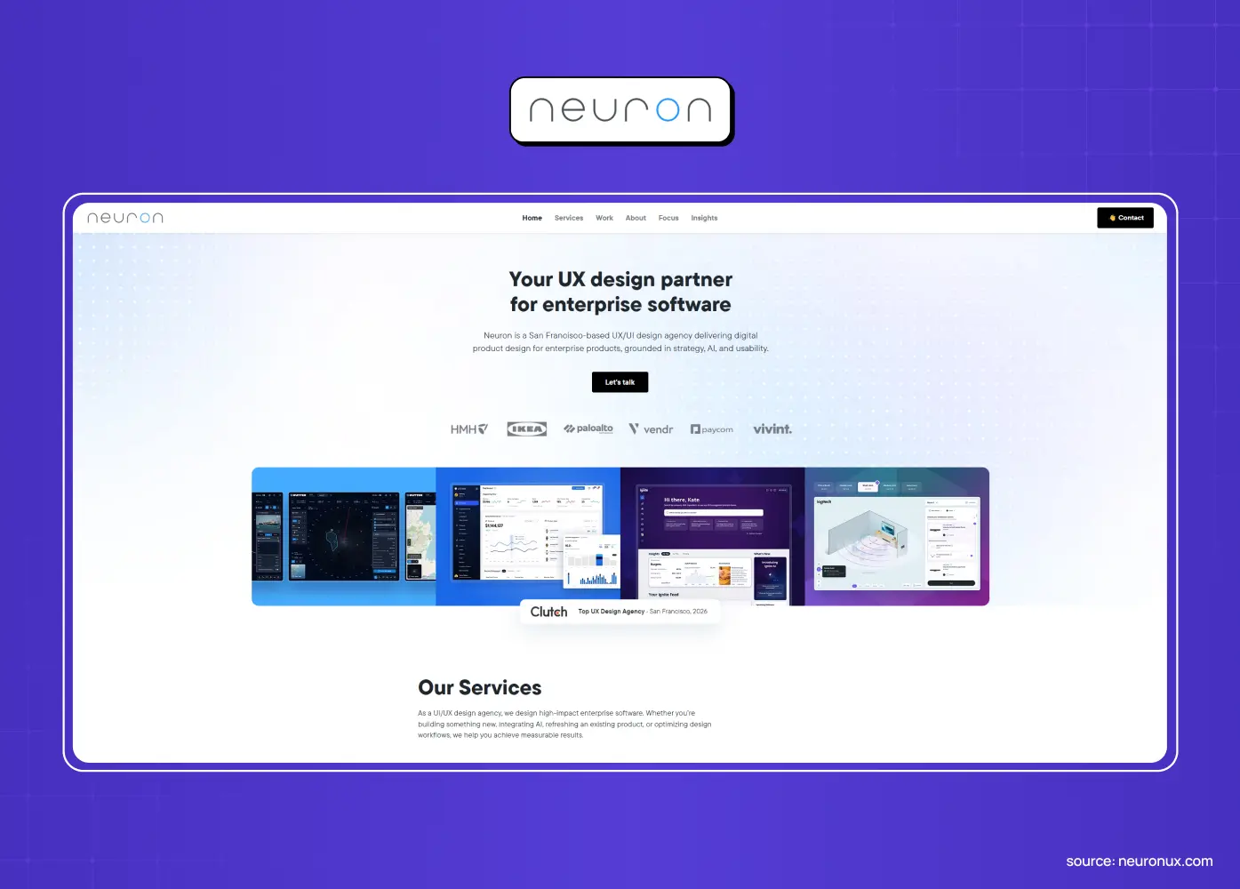 Neuron homepage, a San Francisco studio positioned as a UX design partner for enterprise software