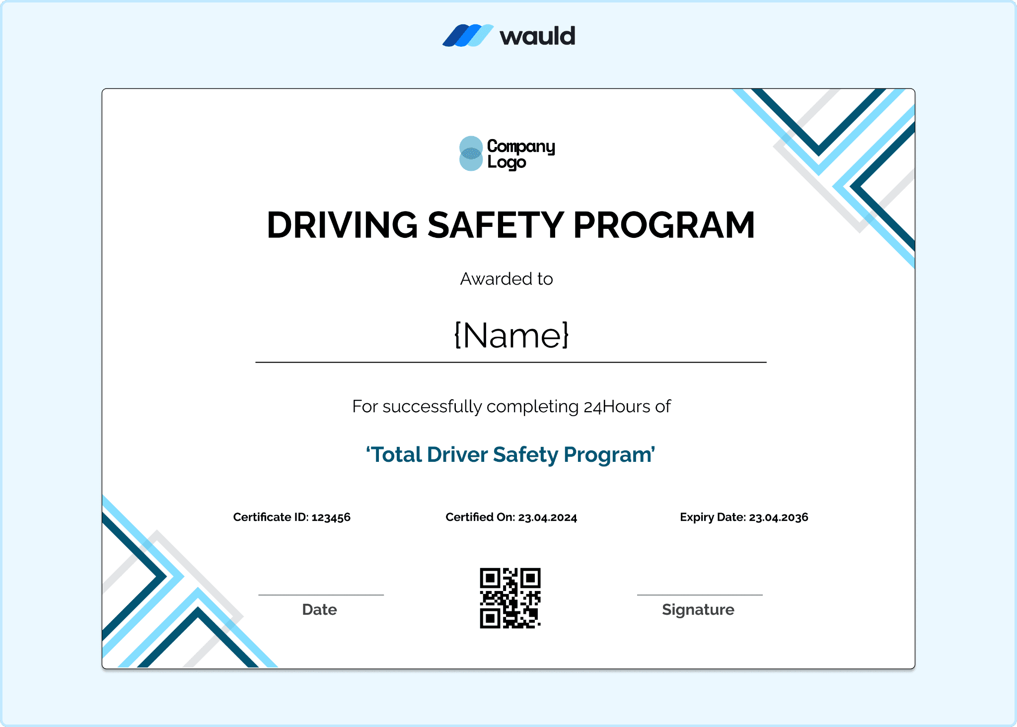 Driving safety program certificate with bold diagonal blue lines, dynamic geometric layout, recipient name field, course details, certification information, expiry date, and QR code