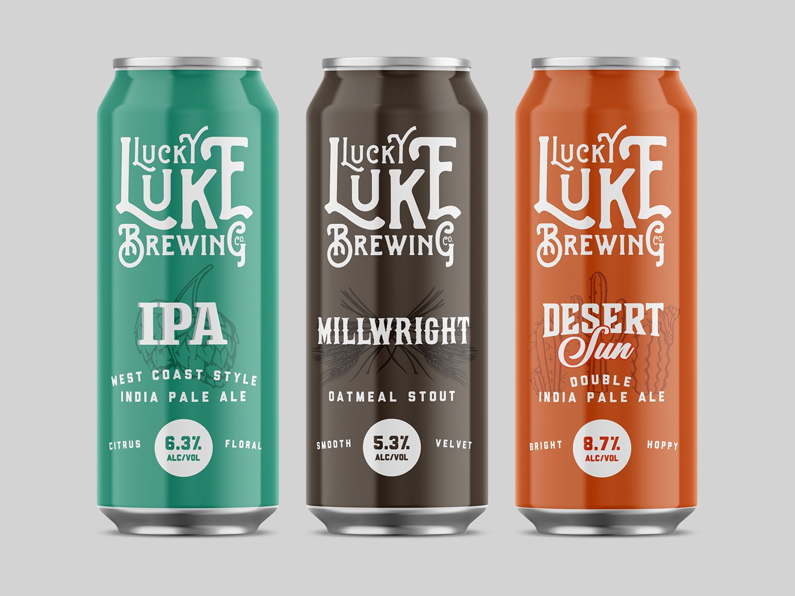 Lucky Luke Brewing IPA, Stout, and West-Coast IPA can lineup