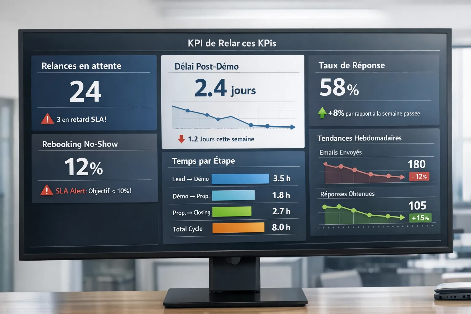 Tableau de bord conceptuel affichant les KPI de relances, délai post‑démo, taux de réponse, rebooking no‑show, temps par étape, avec des tendances hebdomadaires et des alertes SLA, style business B2B.