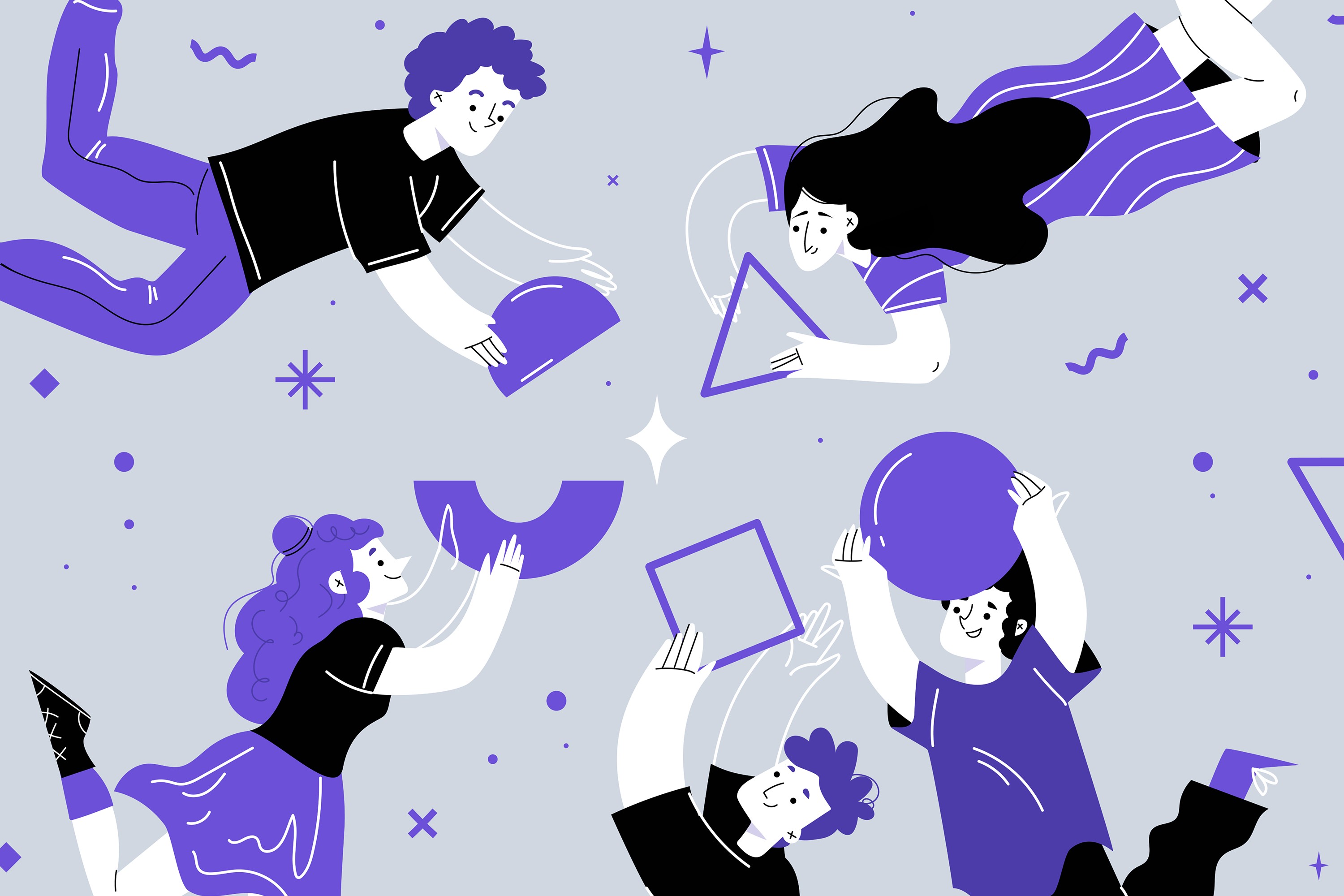B2B demand generation metrics and KPIs — illustration of six analysts coordinating multiple performance signals across a connected reporting framework.