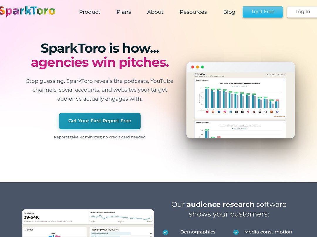 Audience insights website with charts and free report offer button.