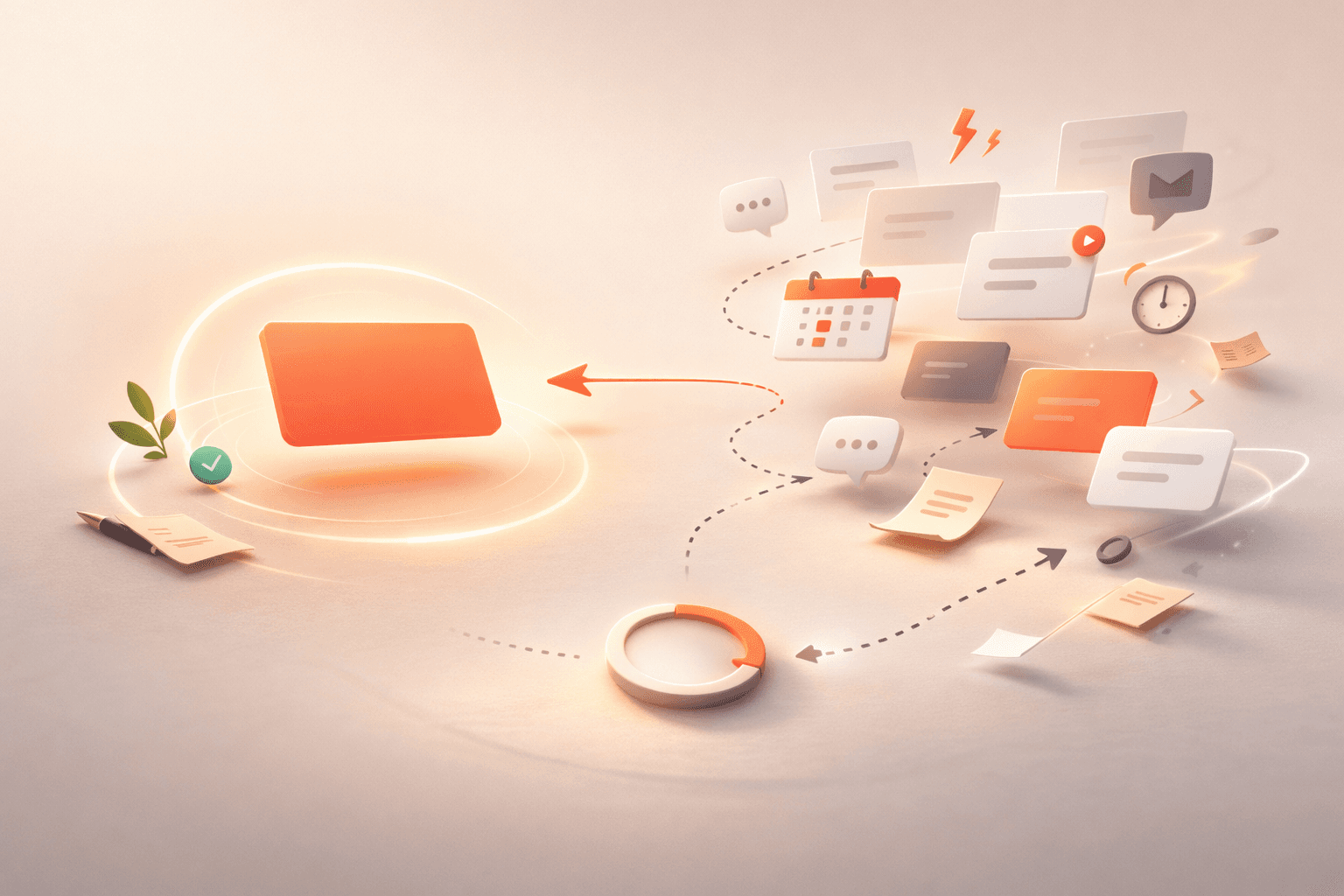 Minimalistische 3D-Illustration auf warmem cremebeigem Hintergrund mit einer korallorangenen Fokus-Karte links im schützenden Leuchtring und vielen verstreuten, transparenten Aufgaben- und Benachrichtigungselementen rechts, verbunden durch gestrichelte Wechselpfade und einem kleinen Timer-Ring unten als Symbol für geplante Fokuszeit.