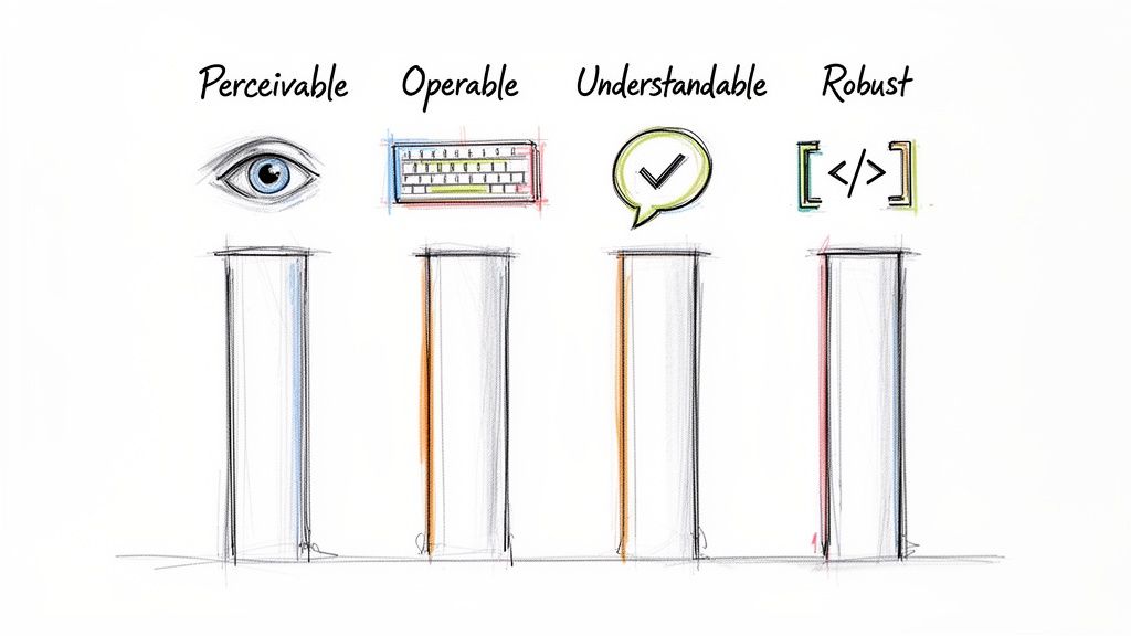 Illustrates the four WCAG POUR accessibility principles: Perceivable, Operable, Understandable, and Robust.