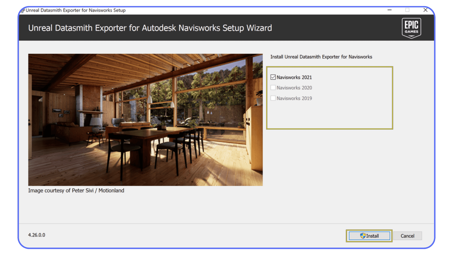 Installer window for the Unreal Datasmith Exporter for Autodesk Navisworks, displaying version options and a preview interior rendering on the left side.
