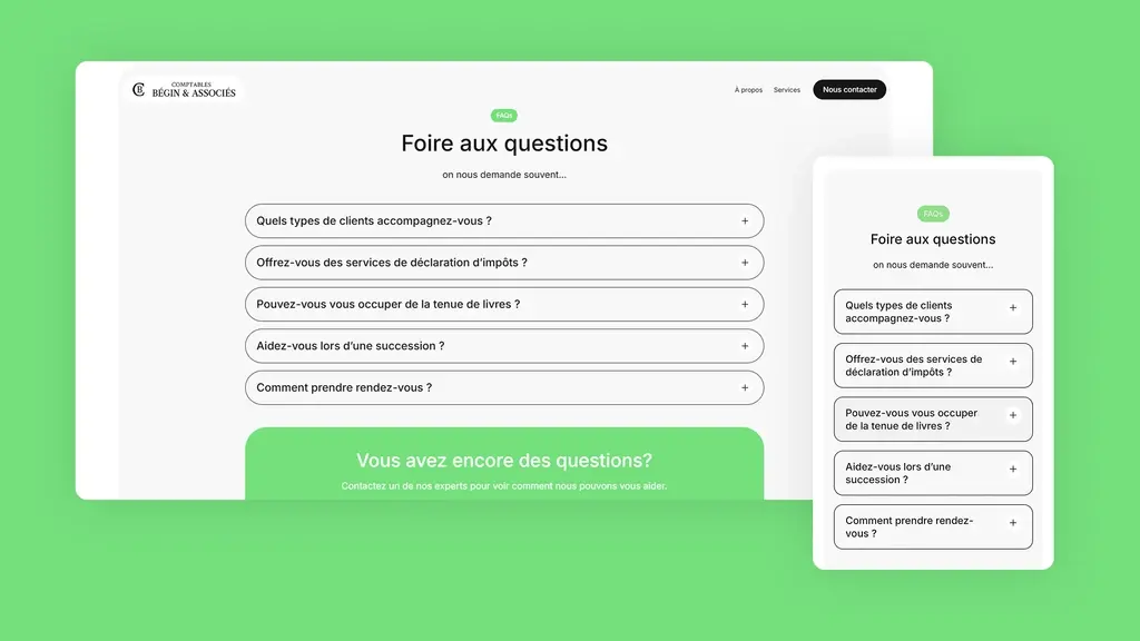 Page FAQ du site Comptables Bégin & Associés affichée sur desktop et mobile — questions fréquentes sur les services comptables offerts