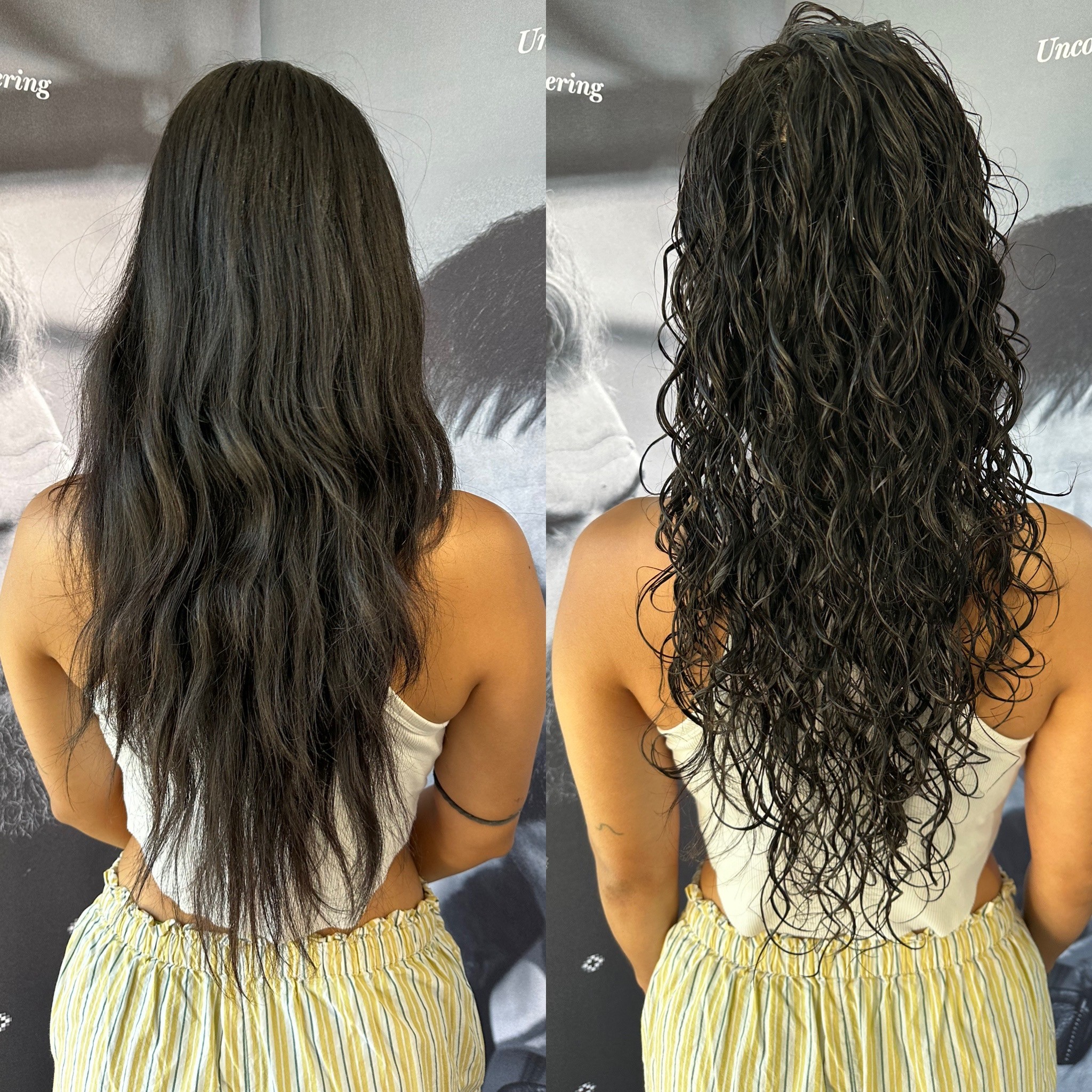 Women’s permanent wave and textured curls transformation highlighting long-lasting shine and volume.