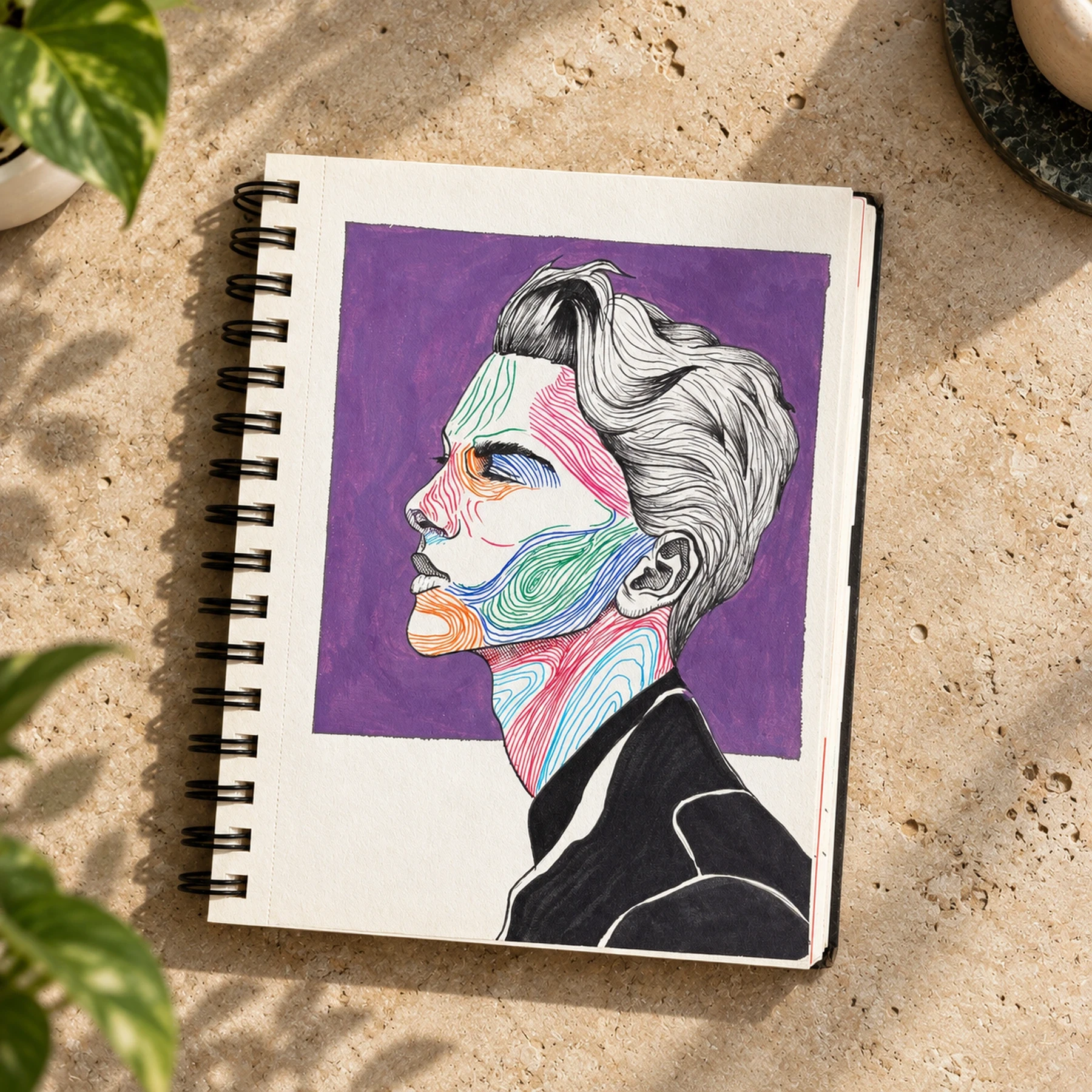 Multicoloured profile portrait of a person in a black jacket against a purple rectangle.
