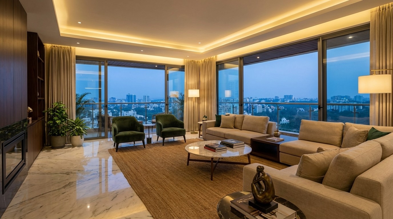 Upscale in-tower fine dining restaurant at Prestige Vaishnaoi Rainbow Waters with floor-to-ceiling glass windows overlooking the Gachibowli skyline at night