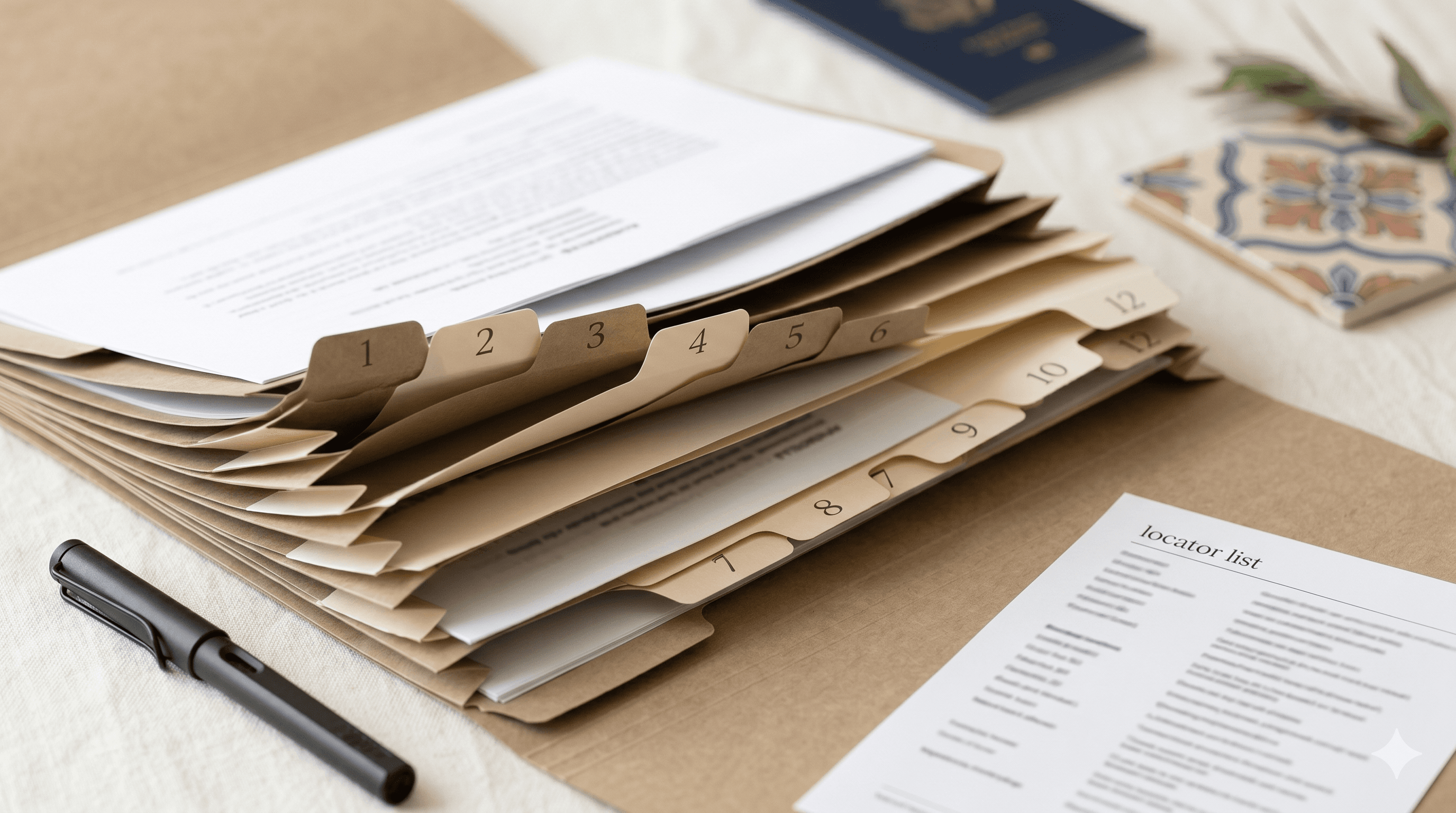 An organized accordion folder with numbered tab dividers and a locator list, demonstrating a document organization system for a Portugal VFS visa appointment.