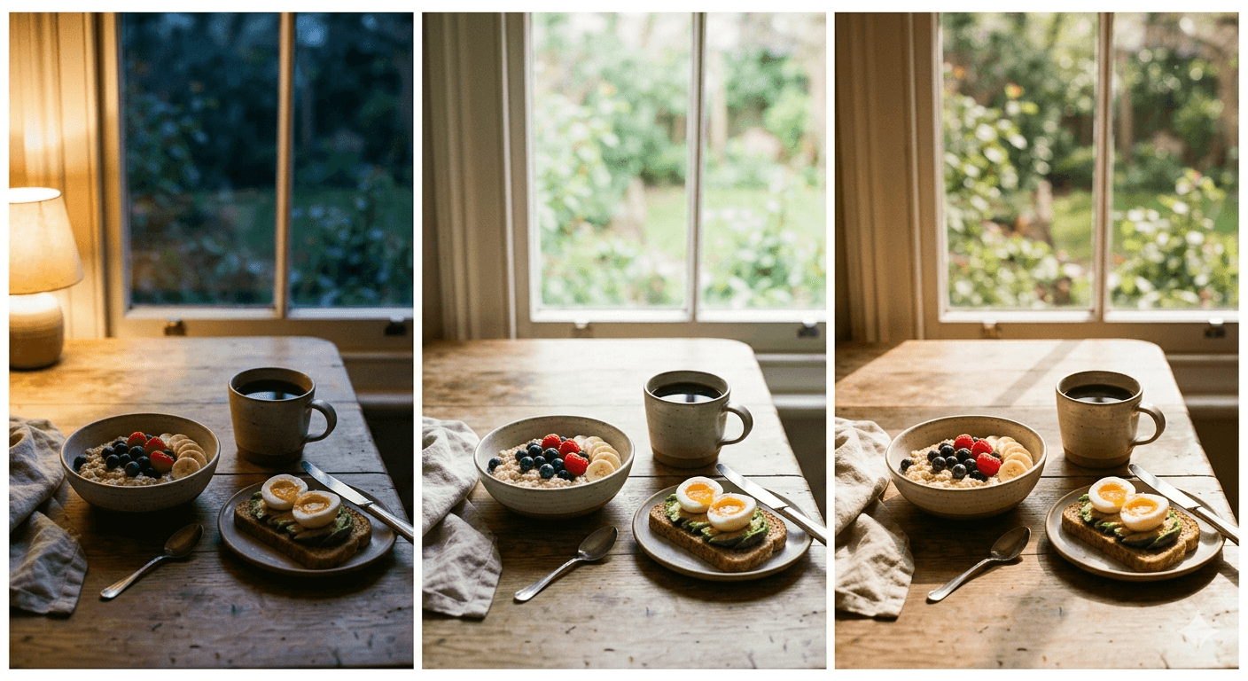 Same breakfast repeated three mornings — illustrating how food habits form through consistent repetition