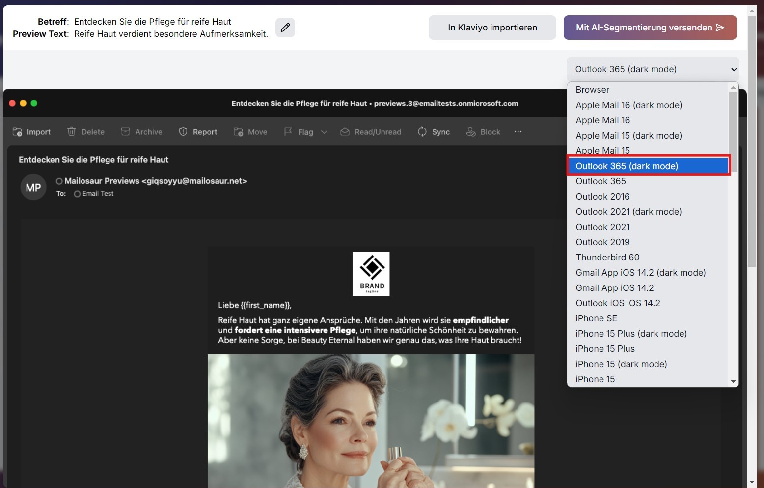Darstellung einer E-Mail im Dark Mode auf Desktop.
