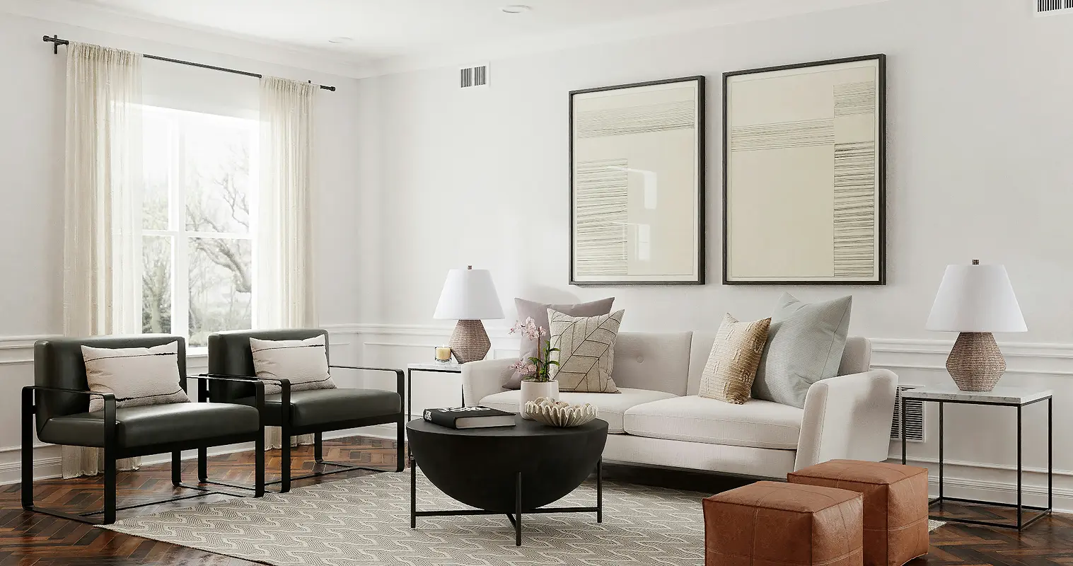 Well-styled, modern apartment living room. 