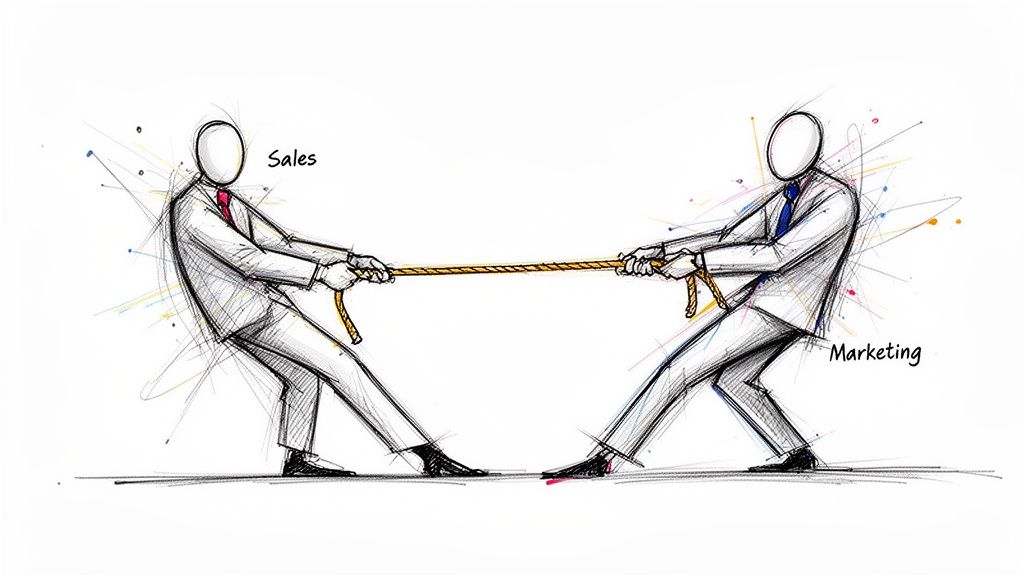 A conceptual sketch showing a tug-of-war match between business figures representing Sales and Marketing departments.