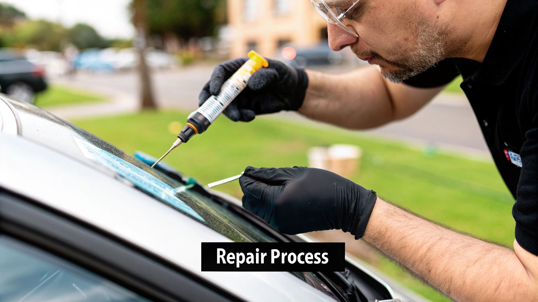 A technician carefully inspects a windshield before starting the repair process.