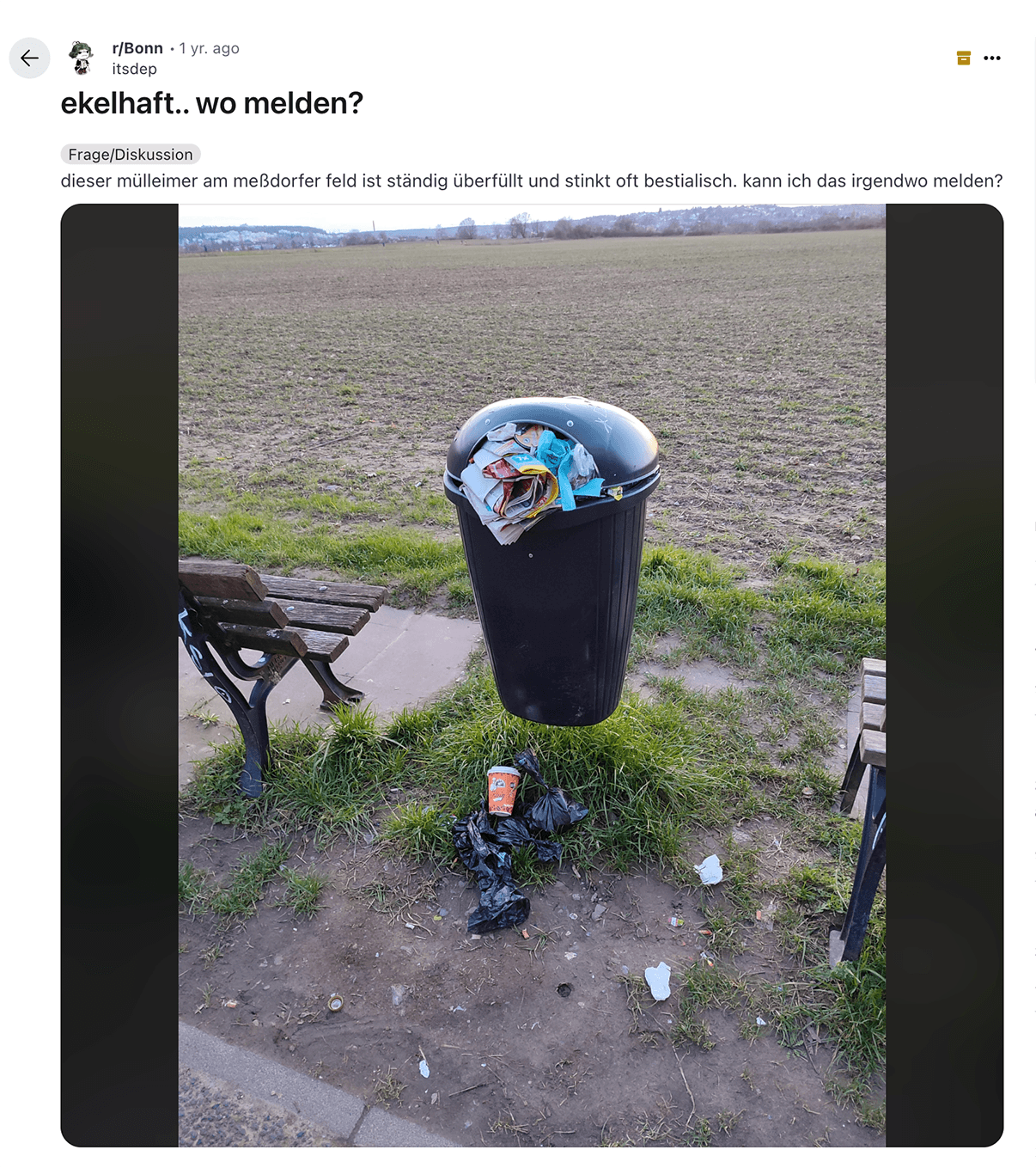 Reddit post about overflowing garbagecan. Wondering how to report to the city