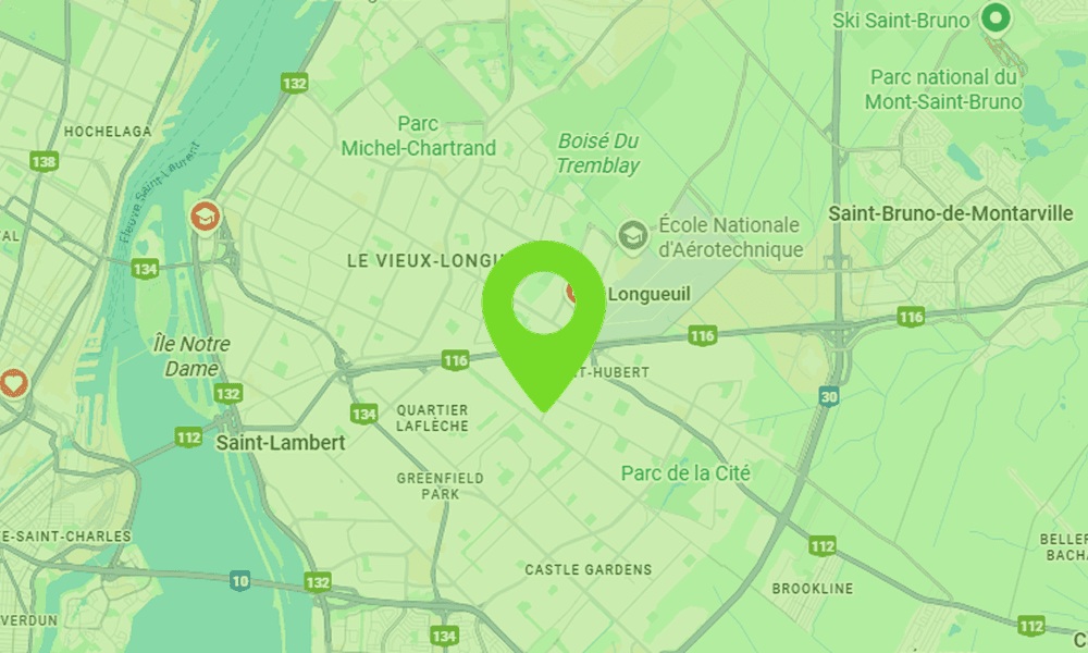 Carte montrant la zone de Longueuil étant desservie par B2Web, agence spécialisée en sites web modernes et SEO