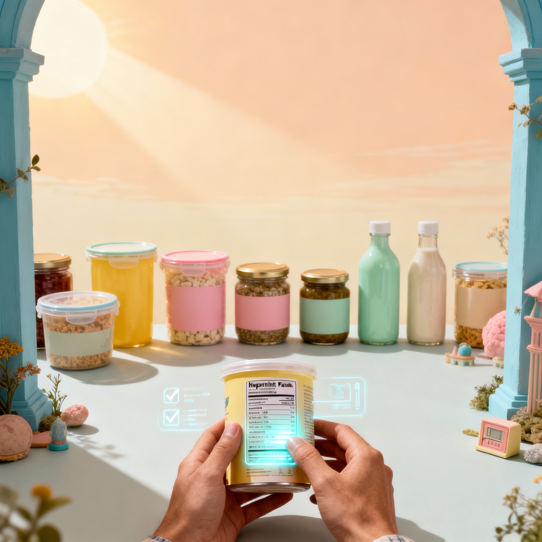 Hands hold a yellow food container showing nutrition facts with augmented reality overlays.