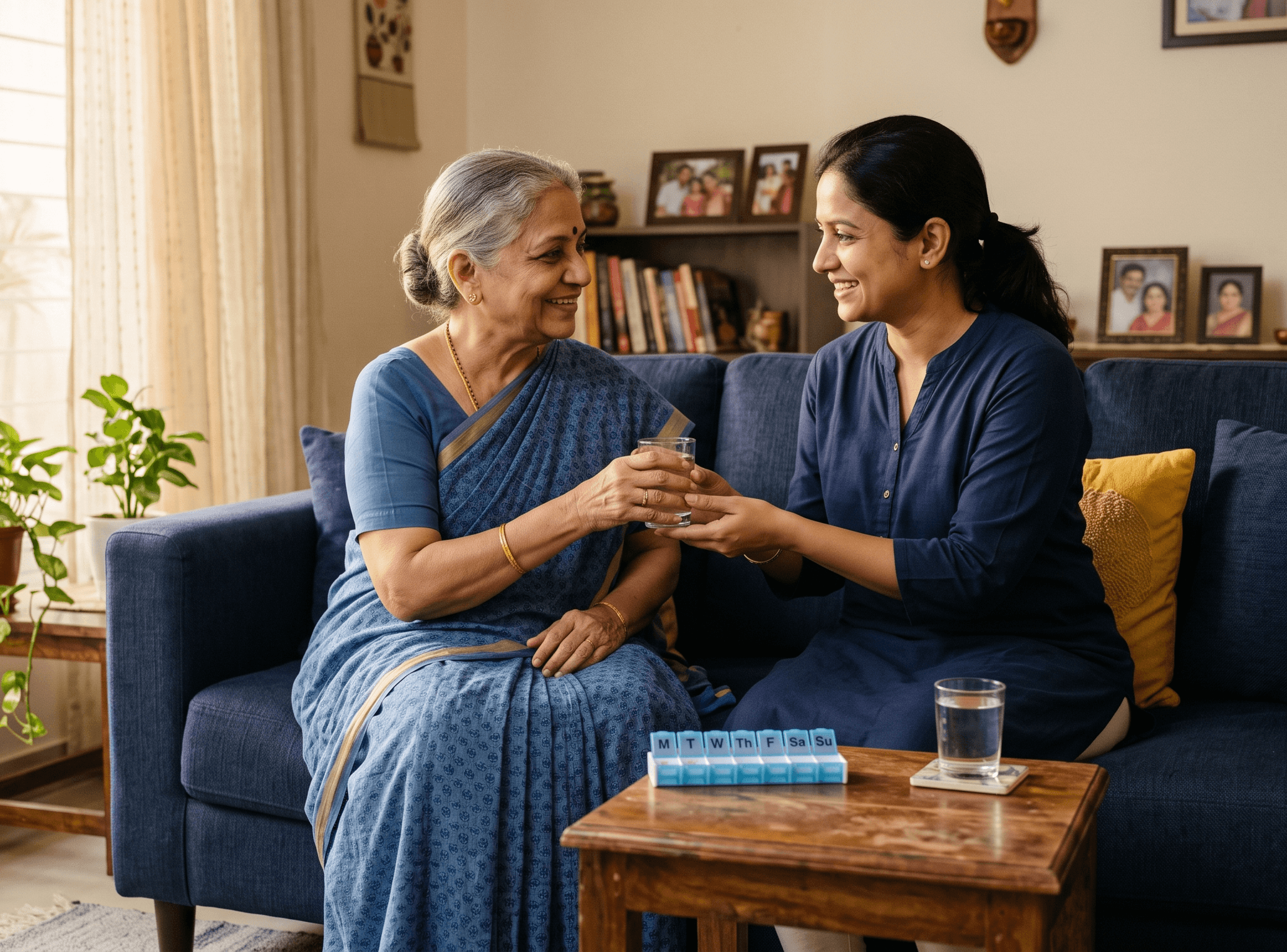Adult daughter helping her elderly mother with a glass of water beside a weekly pill organizer at home.