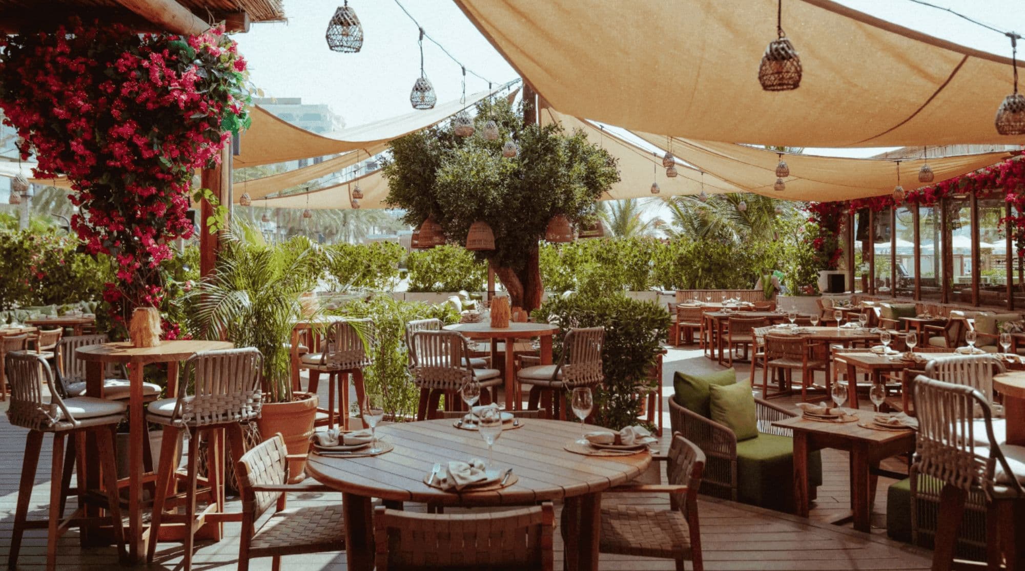 A lush beach restaurant with wooden tables, woven chairs, flowering vines, and shaded canopies. There is wooden flooring and greenery. 