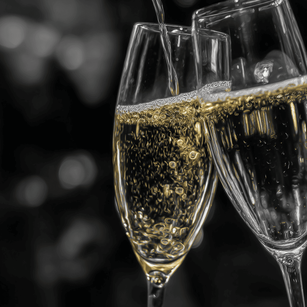 Two champagne flutes clinking, golden bubbles and light reflections in close up