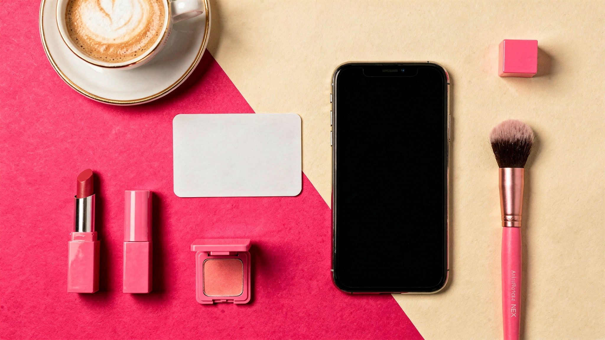 Flat lay of a creator's verification prep desk with phone, ID card, coffee and pink makeup