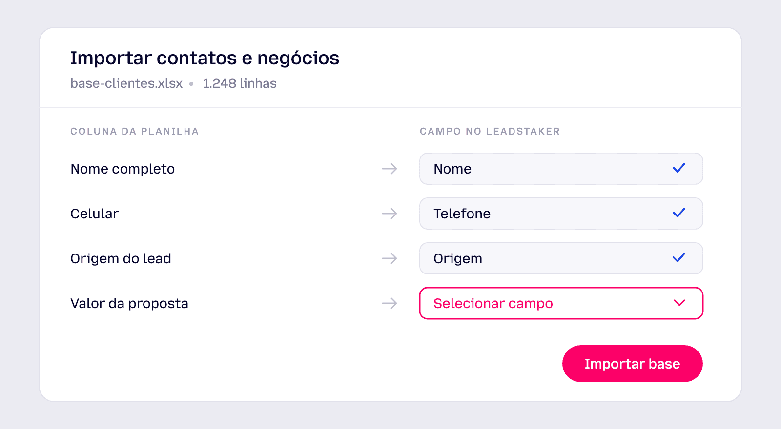 Tela de importação ligando cada coluna da planilha a um campo do Leadstaker