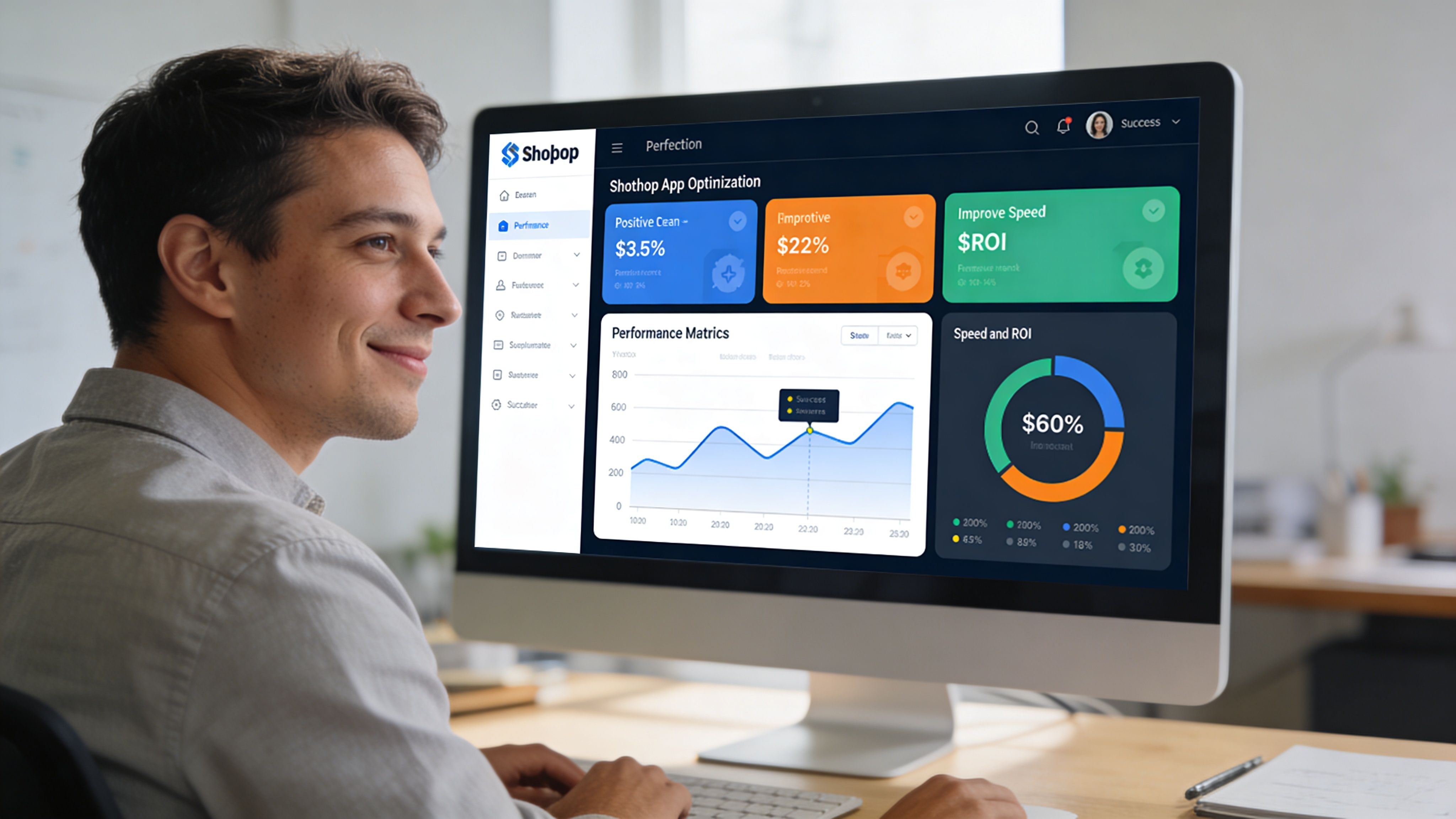 A professional man viewing Shopify app optimization performance data on his computer screen in an office.