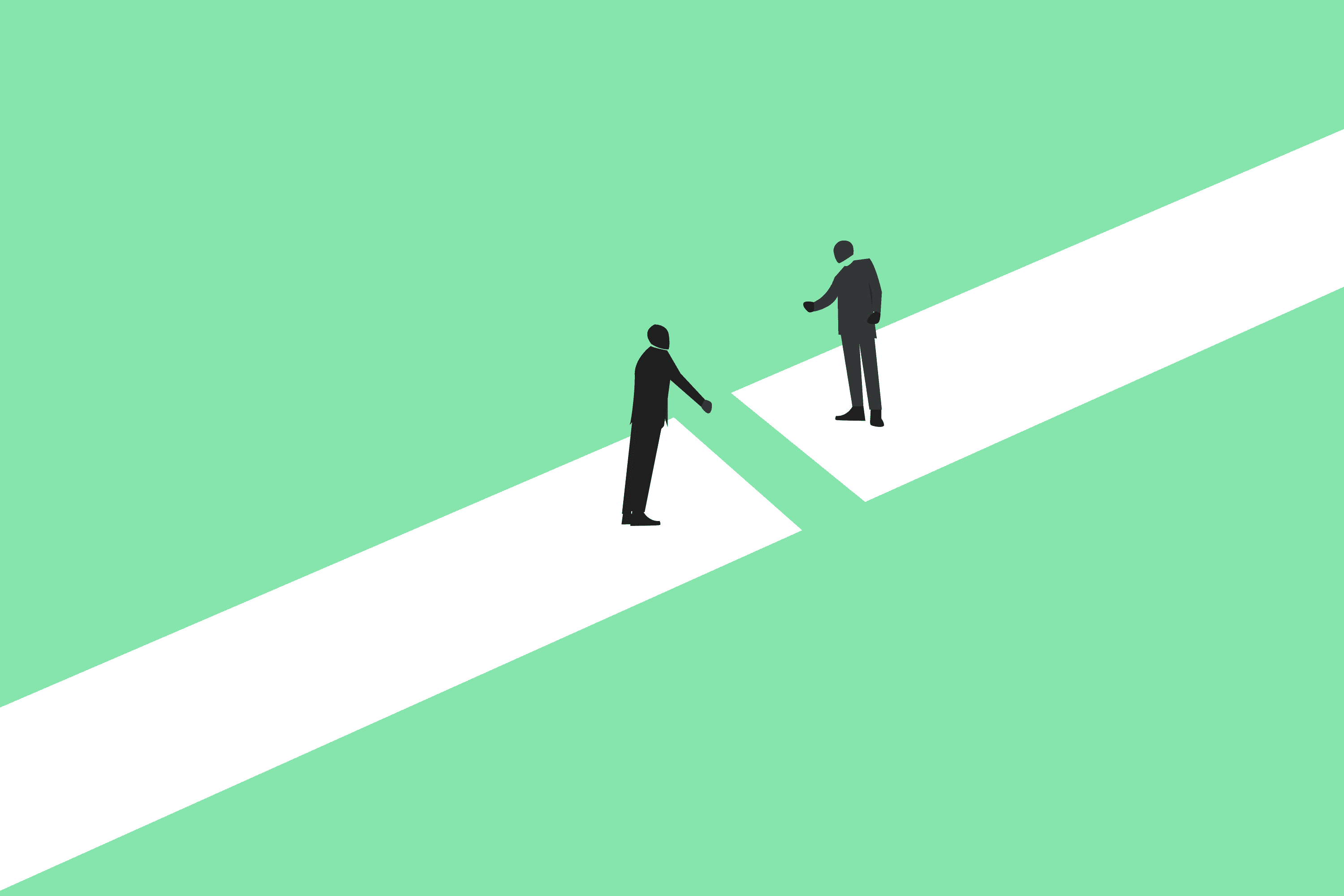 People on either side of a divided road, moving to shake hands