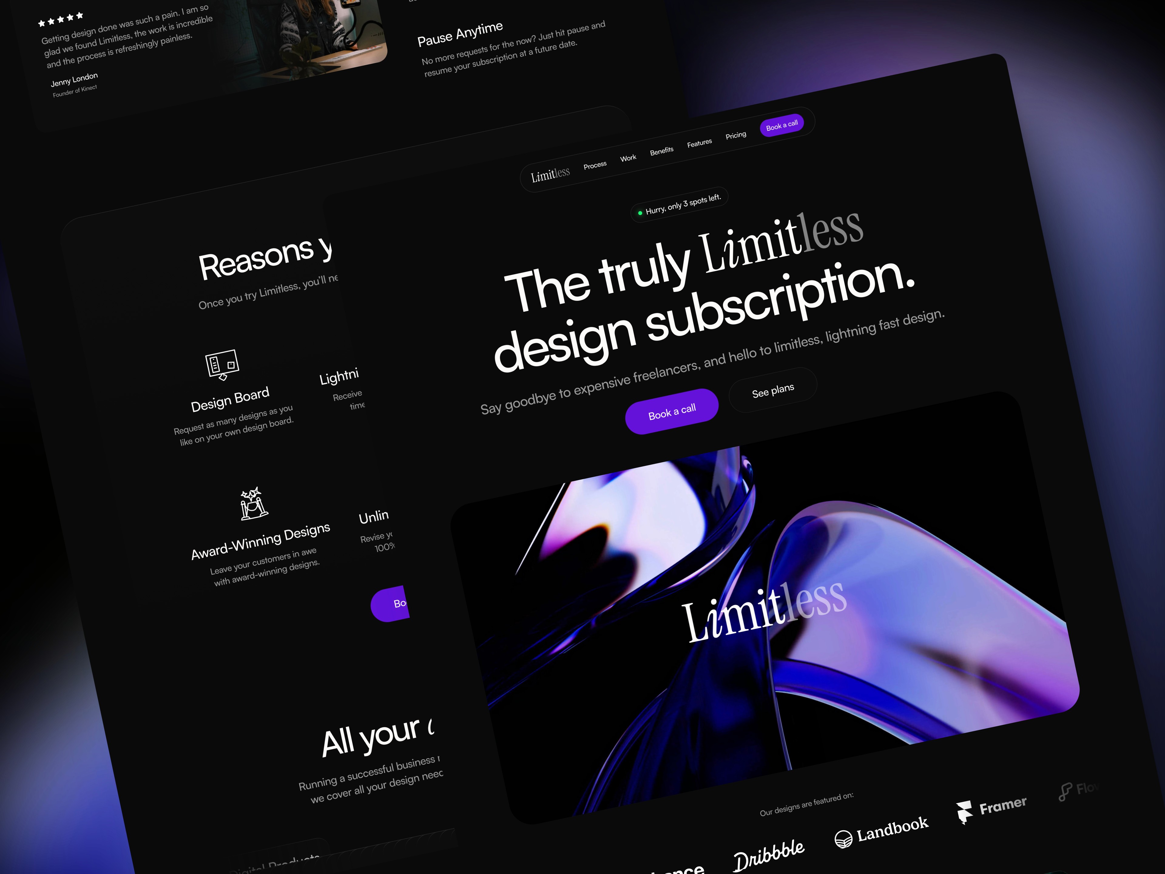 A dark-themed website design displayed on a screen, showcasing various design elements and interactions.
