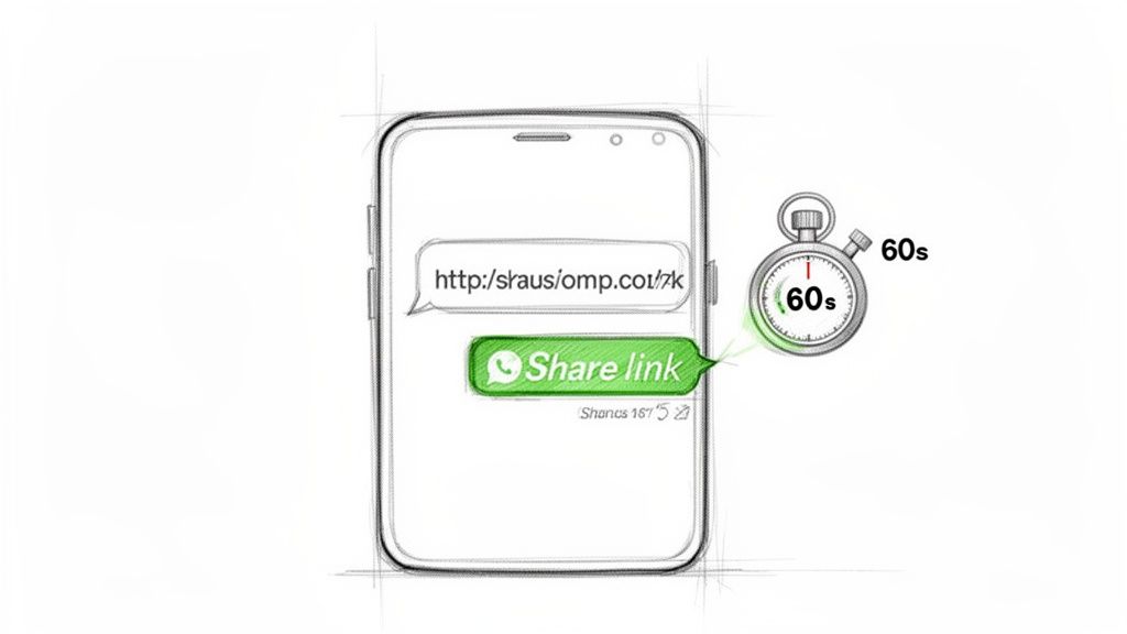 A sketch of a smartphone displaying a WhatsApp 'Share link' button and a 60-second stopwatch.