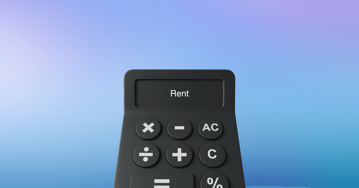 A black calculator in front of a blue gradient background with the text 'rent'