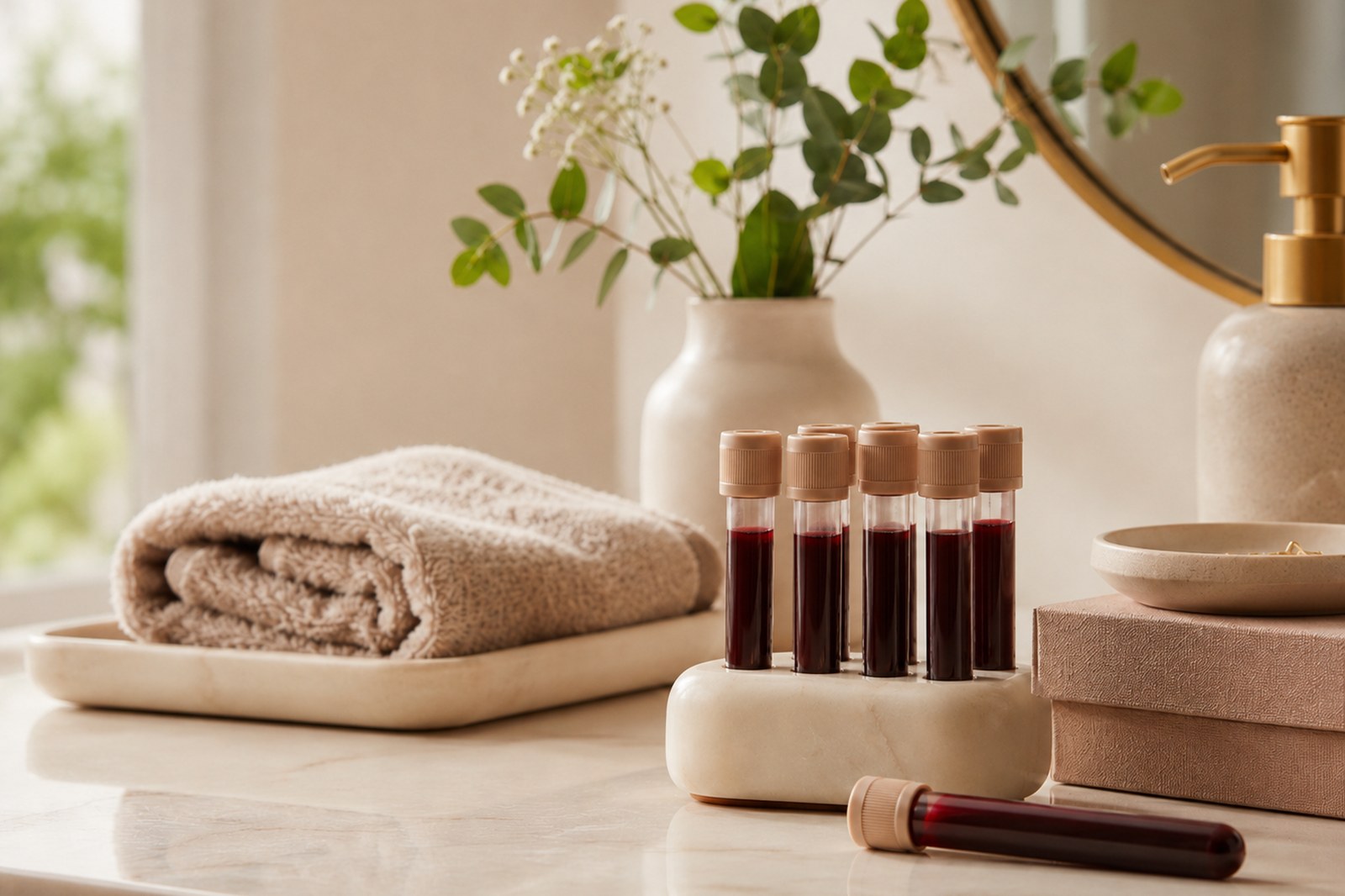 Blood collection tubes arranged on a bathroom counter beside folded towels.