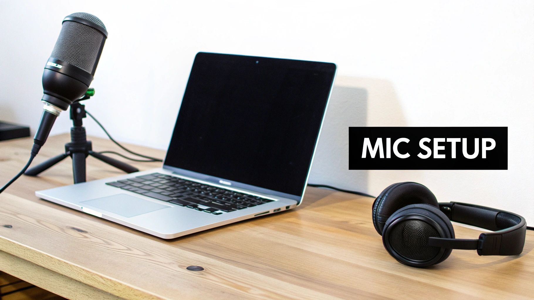 Professional microphone on tripod with laptop and headphones for podcast recording setup