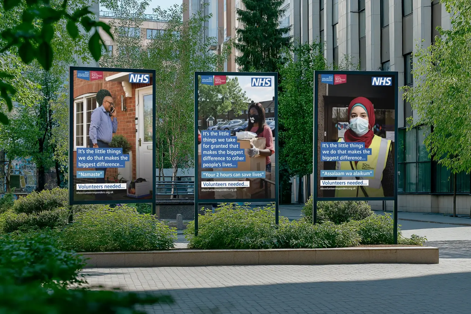 Three NHS Volunteer Responder billboards featuring diverse volunteers with Namaste and Assalaam greetings