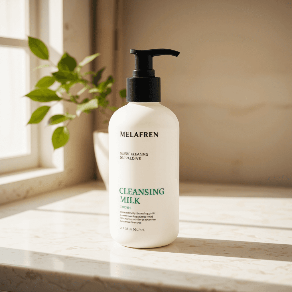 product photography of a bottle of cleansing milk