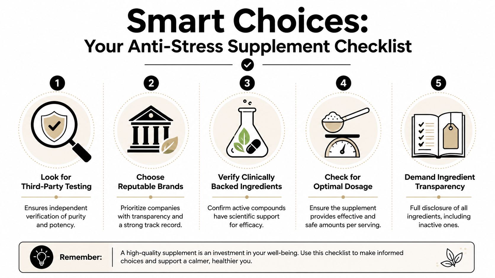 A five-step infographic guide titled Smart Choices for choosing high-quality anti-stress supplements for better health.