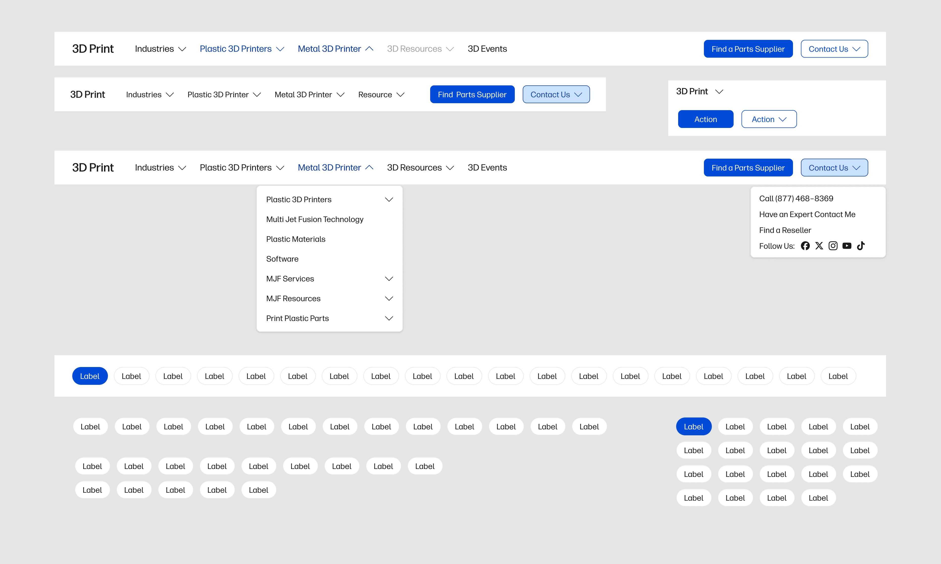 HP secondary navigation design system states across desktop and mobile