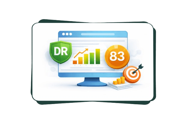 Illustration of Ahrefs Domain Rating showing a website dashboard with a DR score, growth chart, backlinks icon, and performance indicators inside a floating card.