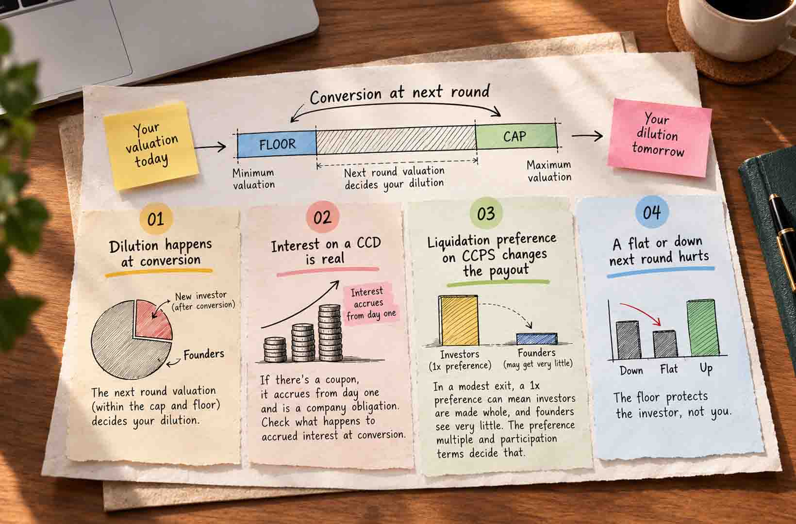 How a valuation cap and floor decide founder dilution when a CCD converts at the next round