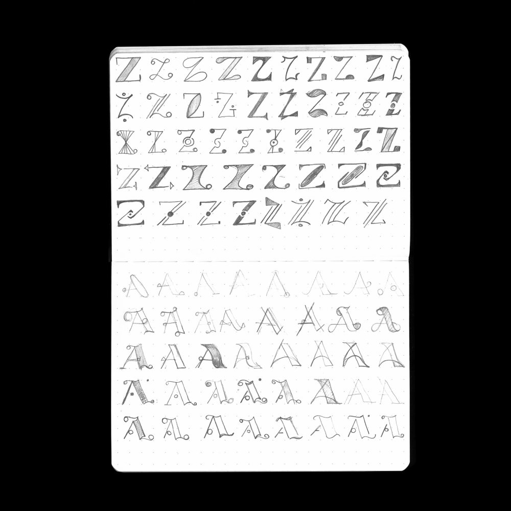 Pages from sketchbook exploring letterforms for 36 Days of Type drawing challenge.
