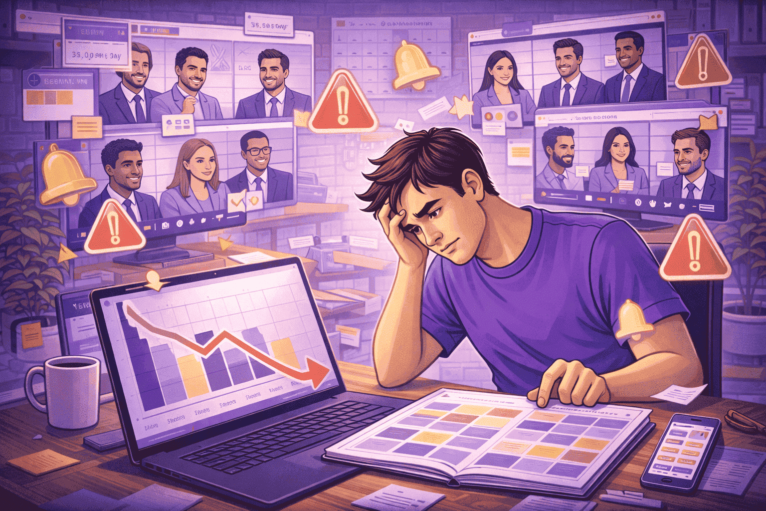 Employee overwhelmed by excessive virtual meetings while productivity declines, showing stress and reduced performance on screen