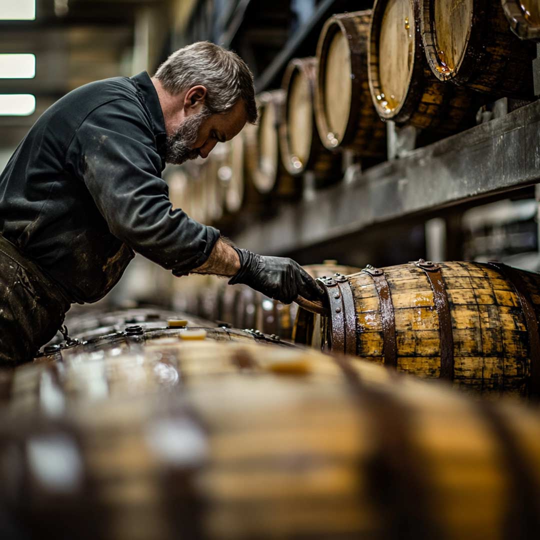 bourbon barrel being moved at distillery by human